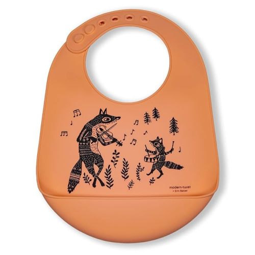 Modern Twist Bucket-Bib 100% Food-Grade Silicone, Waterproof and Reusable, Fox Family – Melon - Bucket Bib