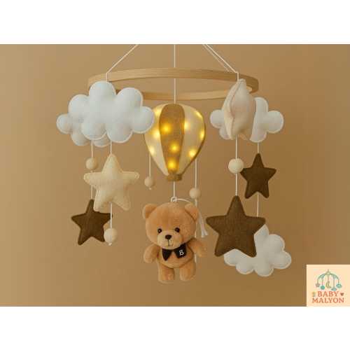 Lighted Bear Mobile, Teddy Bear Baby Mobile, Teddy Bear Nursery Decor, Cloud Baby Mobile, Hot Air Balloons Mobile, Baby Shower Gift