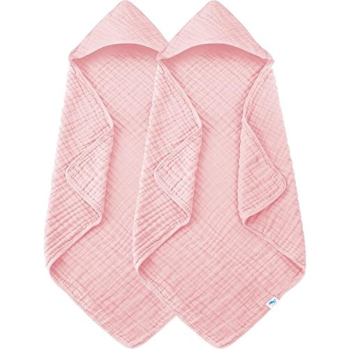 SWEET DOLPHIN Muslin Hooded Baby Bath Towels - 2 Pack 100% Cotton Towel for Babies, Infants, Toddlers - 32x32Inch - Highly Absorbent and Newborn Essential, Pink