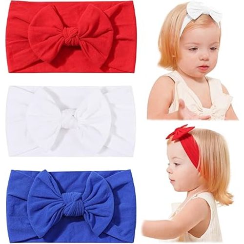 jollybows 3PCS Baby Nylon Headbands Hairbands Hair Bow Elastics for Baby Girls Newborn Infant Toddlers Kids - White Red Blue
