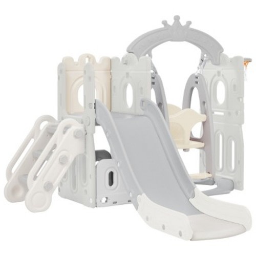 5-in-1 Kids Slide Swing Set, Baby Slide for Toddlers Age 1-3, Climber Slide Playset with Basketball Hoop Indoor Outdoor Playground Freestanding Slide
