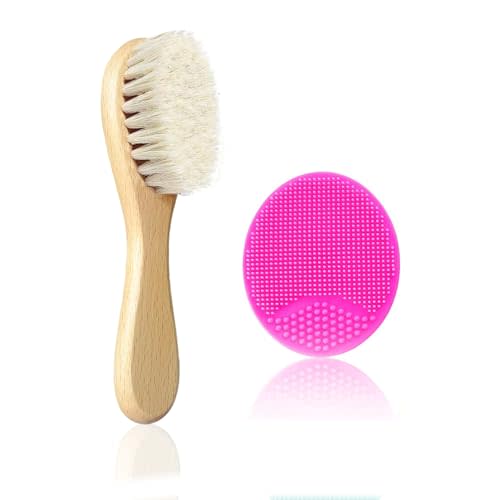 Mocokkiti Baby Hair Brush, Goat Bristles Brush and Rose Red Baby Silicone Brush Set for Cradle Cap Wood Bristle Brush for Newborns and Toddlers (2 Piece)