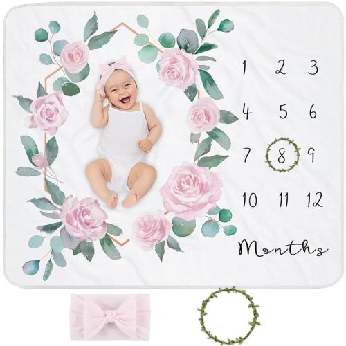 Amazon.com: Baby Monthly Milestone Blanket for Baby Girl, Newborn Age Months Blanket Photo Prop with Growth Chart, Floral Wreath & Headband : Baby