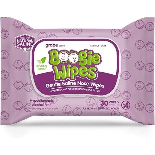 Boogie Wipes, Saline Wipes for Baby & Kids, Nose Booger Wipes for Allergy Relief, Face, Hand & Body, Made with Vitamin E, Aloe and Natural Saline, Grape, 30 Count (Pack of 1)