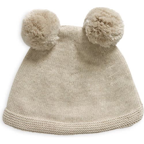 Pink Lemonade Double Pompom Organic Cotton Beanie, Light Beige Mel