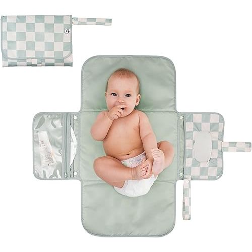 Tiny Twinkle Portable Diaper Changing Pad, Foldable Waterproof Baby Change Pad for Newborn Girl & Boy with Smart Wipes Pocket (Sage Checkers)