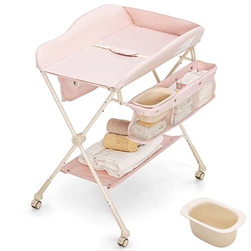 INFANS Portable Baby Changing Table, Folding Diaper Dresser Station with Wheels, Adjustable Height, Safety Belt, Drying and Storage Rack, Mobile Nursery Organizer Stand for Newborn Infant (Pink)