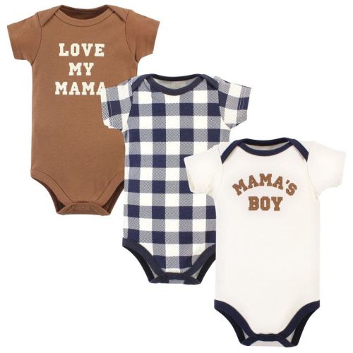 Hudson Baby Infant Boy Cotton Bodysuits, Brown Navy Mamas Boy 3-pack, 18-24 Months