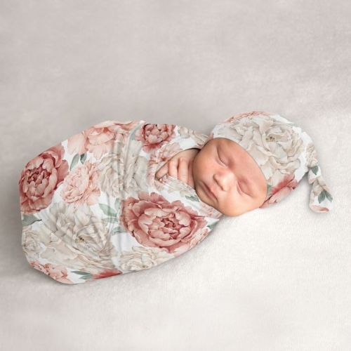 Sweet Jojo Designs Girl Baby Cocoon and Beanie Hat Swaddle Wrap Peony Floral Garden Pink and Ivory 2pc