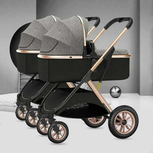 Twin Umbrella Pram Stroller,Foldable Tandem Stroller for Infant and Toddler,Detachable 2 Single Strollers Double Pushchair with Reversible Bassinet,Adjustable Canopy (Color : Black)