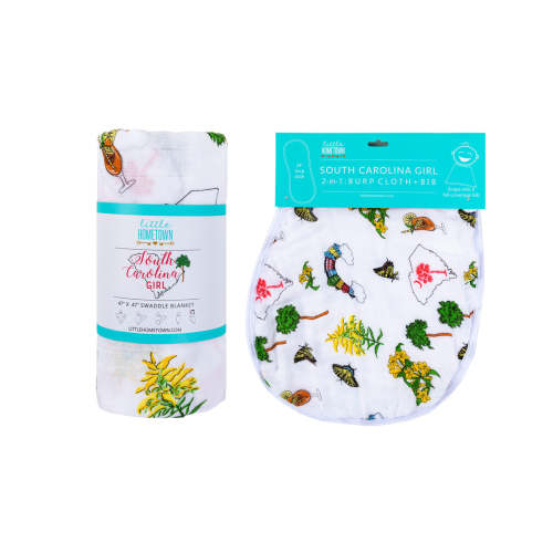 Gift Set: South Carolina Girl Baby Muslin Swaddle Blanket and Burp Cloth/Bib Combo