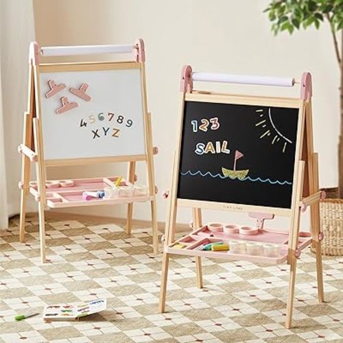 Tiny Land Easel for Kids, Double-Sided Magnetic Easel with Drawing Accessories, Adjustable Wooden Kids Art Easel with Paper Roll, Learning-Toy for 3,4,5,6,7,8 Years Old Boy & Girls Pink