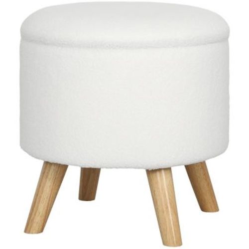 HOMCOM Storage Ottoman, Round Footstool with Linen Feel Fabric Upholstery, Removable Top, Hidden Space and Wood Legs for Living Room, White