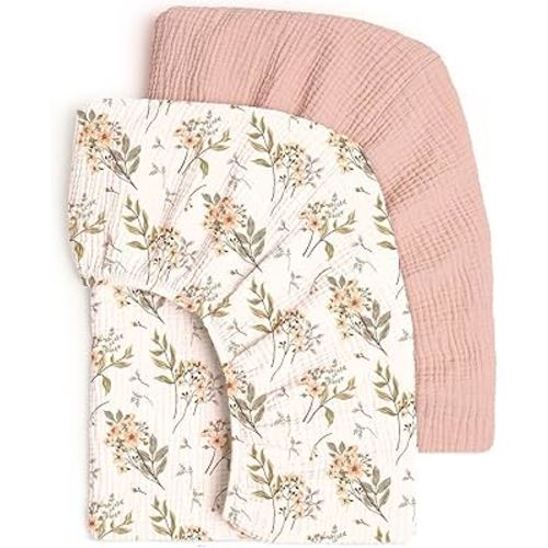 lulumoon Fitted Crib Sheets 2-Pack: Soft Muslin Cotton for Standard Crib - Boho Floral Pattern Print for Baby Girls Nursery Bedding & Gift