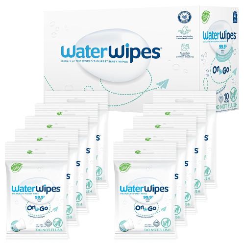 WaterWipes On The Go Wipes, 99.9% Water-Based Wipes for Travel, Sports, and to Refresh Skin, Unscented & Hypoallergenic, 100 Count (10 Packs), Packaging May Vary