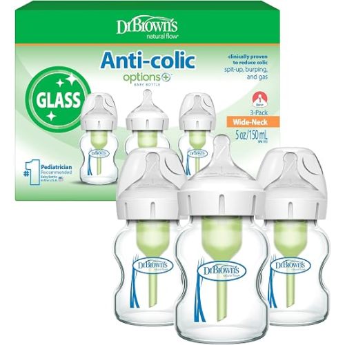 Dr. Brown's Anti-Colic Options+ Wide-Neck Glass Baby Bottle, 5 oz, 3-Pack