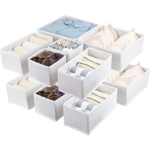 12 Pack Drawer Organizers for Clothing, Foldable Clothes Drawer Organizer for Underwear, Folded Clothes, Baby Clothing, Socks, Bra, Towels, Ties - Multi-pack Clothes Organizer Storage Box (White)