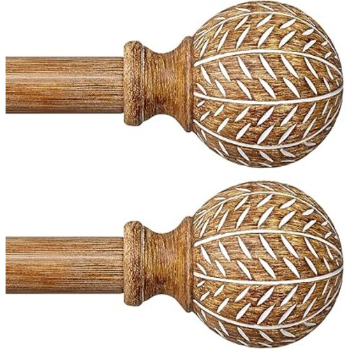2 Pack Wood Curtain Rods for Windows 28 to 48 Inch (2.3-4 ft),1'' Diameter Drapery Rods with Imitation Wood Grain Leaf Pattern Finials,Boho Adjustable Heavy Duty Curtain Rods Set,18-45''