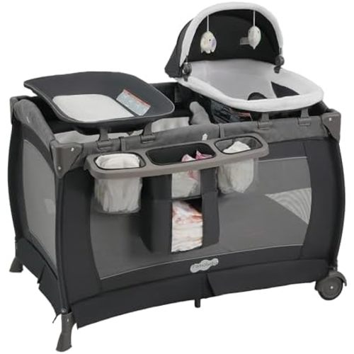Pamo Babe Pack and Play 4-in-1 Baby Playard with Bassinet & Changing Table, Foldable Portable Playpen with Mattress, Travel Crib for Newborn to Toddler 0-36M-Black