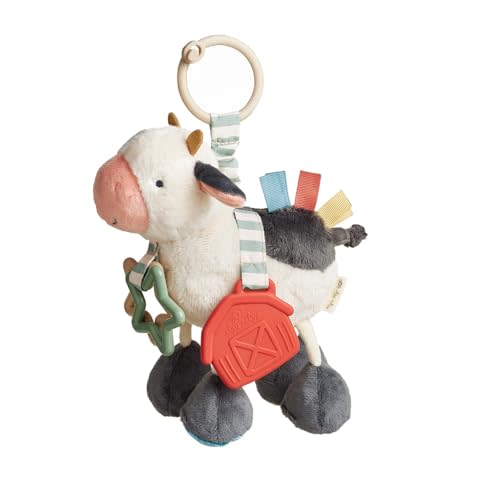 Itzy Ritzy Link & Love Toy for Stroller or Car Seat; Features Textured Ribbons, Crinkle Sounds, Clinking Rings & Silicone Teether; Designed for Ages 0 Months and Up (Cow)