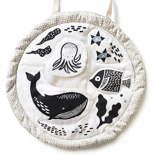 Wee Gallery Organic Ocean Activity Pad - High Contrast Tummy Time Play Mat with 6 Interactive Activities - Soft Sensory Toys for Babies - Visual & Motor Skill Development Toy