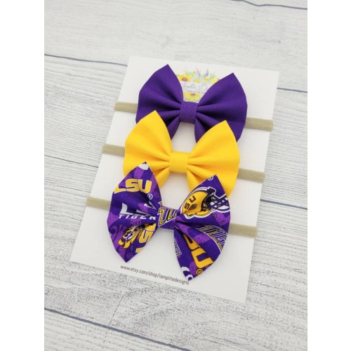 LSU Fabric hair bows - set of 3 baby bows - Louisiana State University - LSU Tigers baby - Purple and Gold bows - football basketball bows