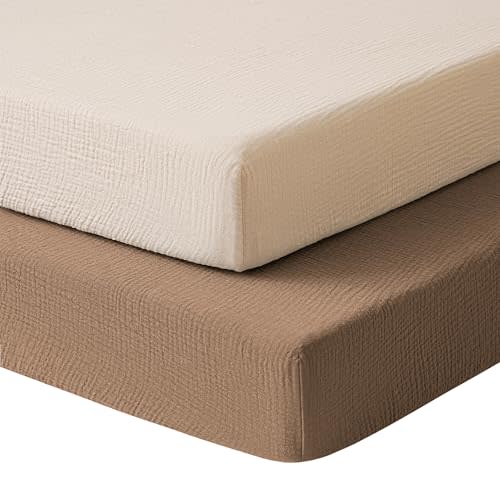 Konssy Muslin Mini Crib Sheets, 100% Soft Cotton Pack and Play Sheets for Pack N Play Mattress, Playard Baby Crib Sheets for Baby Girls(Brown, Cream)