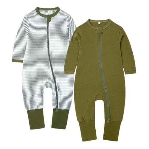BeiVSlley 2-Pack Baby Cotton Romper Long Sleeve Zipper Jumpsuit Solid Outfit 3-24M (Boy/Girl)
