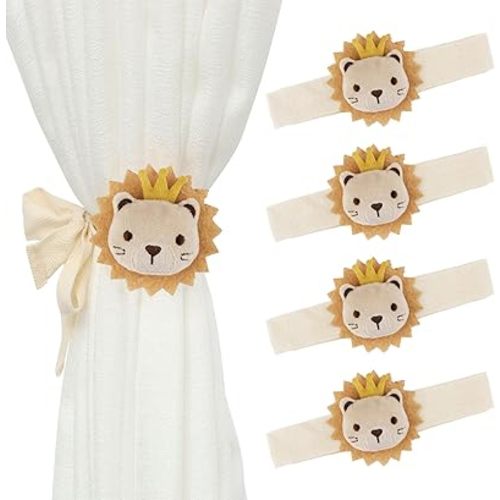 Cute Cartoon Animal Curtain Tiebacks, 4Pcs Drape Rope Holdbacks with Embroidered Lion Decor Cotton Nursery Curtain Ties for Baby Kid Room (Golden Lion)