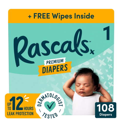 Rascals Premium Absorbent Baby Diapers Size 1, 108 Count, with 5 Sensitive Infant Wipes