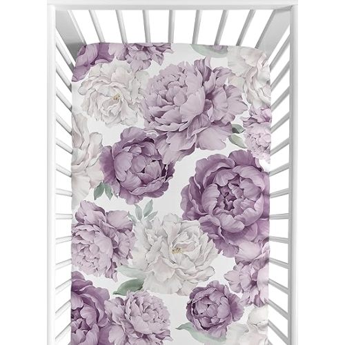 Sweet Jojo Designs Fitted Baby Crib Sheets (Boho Purple Floral) for Girls, Infant Nursery, Toddler Room - Standard Size (Lavender, Bohemian, Vintage, Flower, Watercolor, Shabby Chic, Farmhouse, Rose)