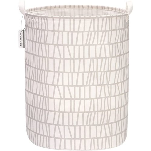Sea Team 19.7 Inches Large Sized Waterproof Coating Ramie Cotton Fabric Folding Laundry Hamper Bucket Cylindric Burlap Canvas Storage Basket with Stylish Branch Grey Design
