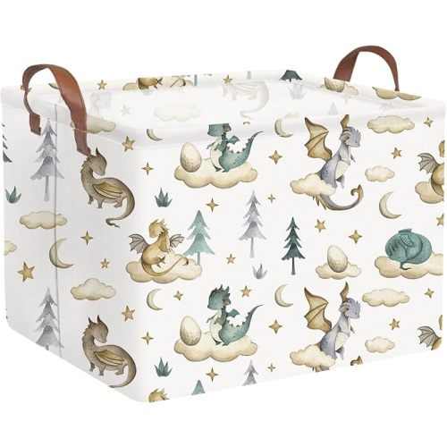 Rectangular Dinosaur Baskets,Watercolor cute dragon fairy tale kids nursery basket,Cloud moon star dragon egg laundry basket for kid,Toys Box,Dinosaur Room Decor(Cute dinosaur)