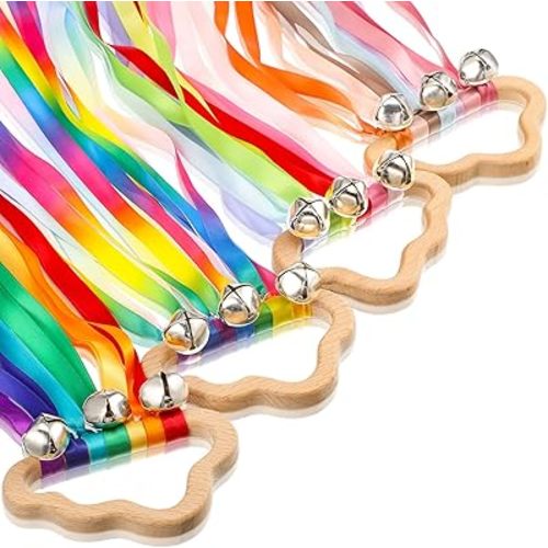 4 Pieces Rainbow Hand Ribbon Kite with Bells Wind Wand Dancing Ribbon Streamer Cloud Wood Sensory Toys Wooden Educational Toy for Party Birthday