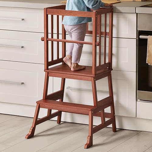 COSYLAND Kids Kitchen Step Stool, Toddler Standing Tower with CPC Certification, Removable Anti-Drop Railing Safety Rail Enjoys Unique Patented Design A Anti-tip Stable Structure Brown