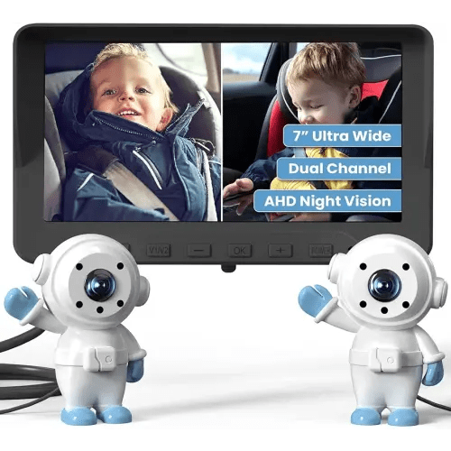 GROWNSY Baby Car Camera for 2 Kids, 7 in Ultrawide AHD Car Baby Monitor with 2 Camera, Backseat Mirror for Baby Rear Facing with Infrared Night Vision, Easily Observe Baby's Every Move