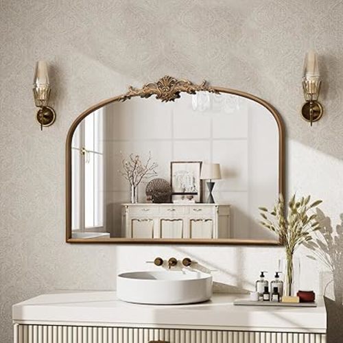 Vintage Baroque Gold Mirror: 32"x24" Arched Antique Wall Mounted Mirror - Traditional Ornate Metal Frame - Home Decor for Entryway/Fireplace/Living Room/Hallway/Bathroom