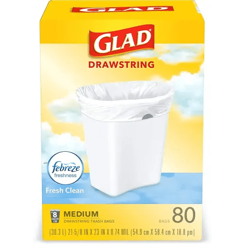 Glad Trash Bags, Medium Kitchen Drawstring Garbage Bags 8 Gallon White Trash Bag, Fresh Clean Scent, 80 Count (Package May Vary)