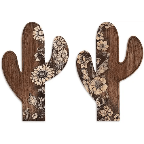 Putuo Decor 2 Pieces Aztec Cactus Decor, Farmhouse Wall Decor, Rustic Flower Patterns Wood Home Decor for Living room, Bedroom, Bathroom, Western Decor