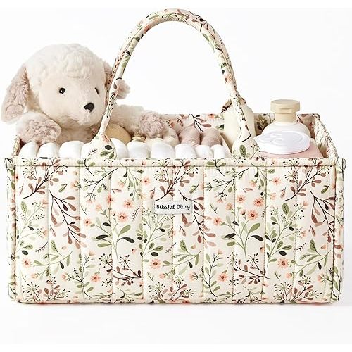 Blissful Diary Floral Diaper Caddy Organizer, Stylish Nursery Storage Basket, Gift for Baby Shower, Baby Registry Must Have, Newborn Essentials, Pastoral Daisy