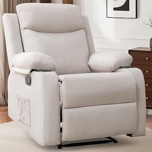 Recliner Chair, Small Recliners for Small Spaces, Reclining Chair, Manual Recliner with Cup Holders and Side Pockets, Chairs for Living Room, Bedroom, Nursery, Beige