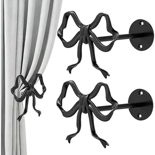2 Pack Black Bow Curtain Holdbacks, Modern Matte Metal Curtain Holders for Wall,Rotatable Adjustable Angle,Elegant Bow Decor for Living Room Bedroom Home