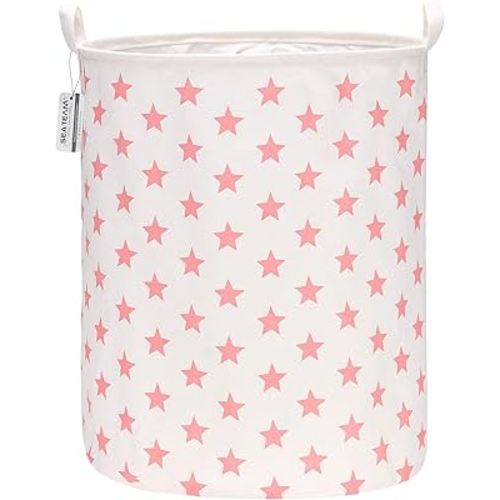 Sea Team 19.7 Inches Large Sized Waterproof Coating Ramie Cotton Fabric Folding Laundry Hamper Bucket Cylindric Burlap Canvas Storage Basket with Stylish Stars Design (19.7", Pink Star)