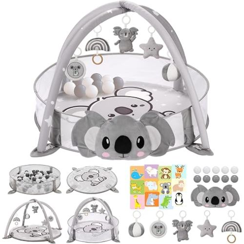 7-in-1 XL Large Baby Play Gym Mat, Tummy Time Mat, Baby Gym & Ball Pit, Baby Activity Mat with Milestone Cards & 6 Detachable Toys for Sensory Motor Skill, Grey Koala