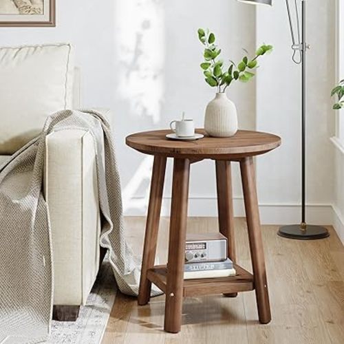 Solid Wood Round Side Table, 2-Tier Small End Table with Storage Shelf, Farmhouse Nightstand for Small Spaces, Living Room, Bedroom, Walnut