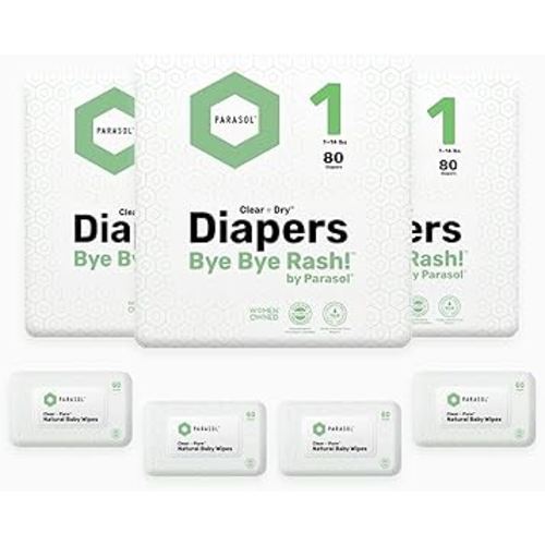 Parasol Clear+Dry Disposable Diapers and Clear+Pure Wipes, RashShield Protection, Size 1 (7-14 lbs), Diaper Bundle of 240 Diapers & 240 Wipes