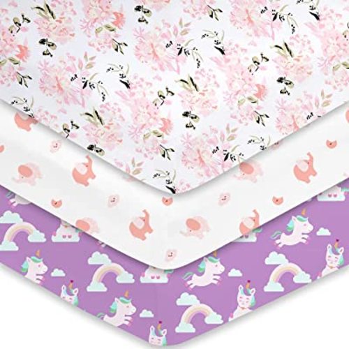 Little Grape Land 3 Pack Crib Sheets for Standard & Toddler Mattress, Super Soft Breathable Pink Floral/Elephant/Purple Unicorn