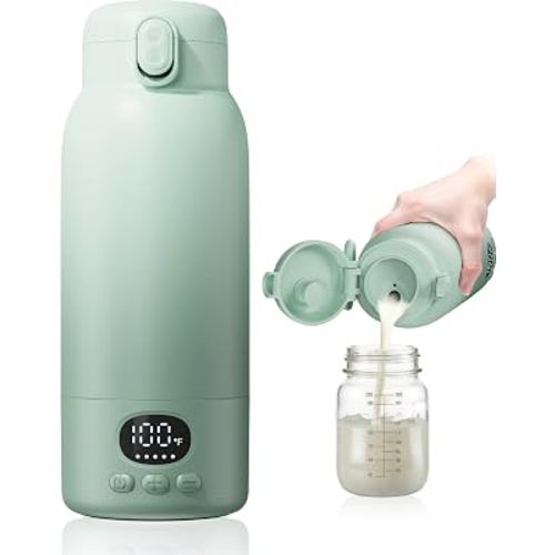 Portable Bottle Warmer - Dual Heating Modes for Breast Milk & Water, 17 Ounces, Fast Heating, Long Lasting Battery, Ideal for Travel, Outdoor, Baby Shower, Light Green
