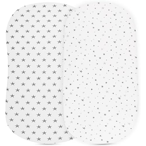 Ely’s & Co. Patent Pending Waterproof Bassinet 2-Pack Set for Baby Boy - 100% Cotton, Jersey Knit Cotton Sheets with Waterproof Lining — Grey Stars
