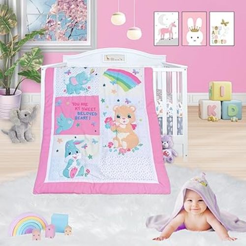 TrenD'Lay 4 Piece Baby Girl Crib Bedding Set, Crib Comforter Set for Girls, Crib Sets for Girl, Baby Bedding Set, Girl Crib Bedding Set, Infant & Toddler Nursery Bed Set, Ropa de cuna para niña.